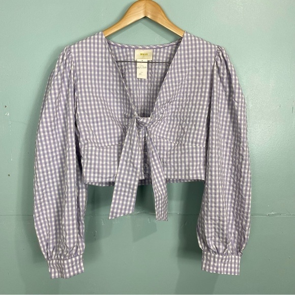 Anthropologie Maeve Gingham Plaid Purple White Front Tie Button Up Cropped Sz 10 - Picture 2 of 6